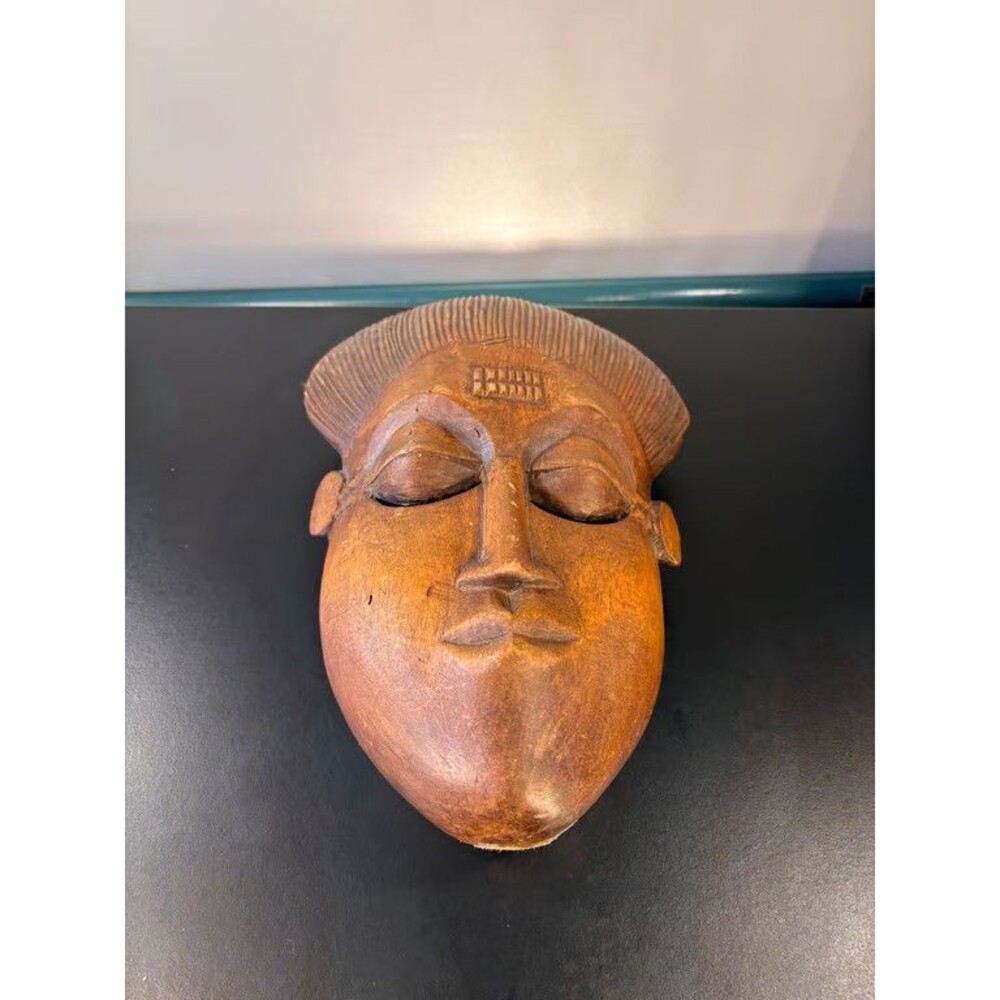 African Carved Wood Face Mask Serene Closed Eyes Ridged Crest Coiffure 11 in